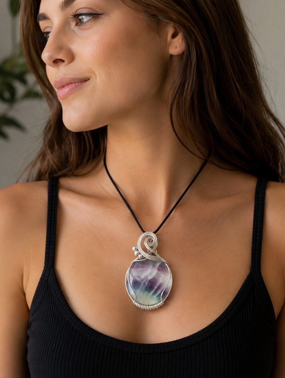 Silver-Plated Fluorite Pendant | Wire Wrapped | Purple Green | Handmade - Picture 8 of 9